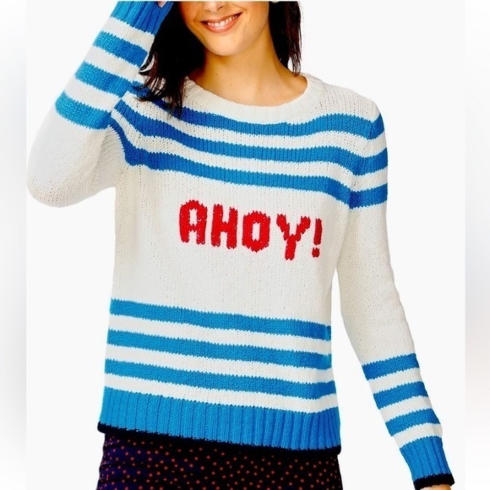 Court & Rowe Navy Blue White Ahoy Nautical Stripe Cotton Sweater NWT